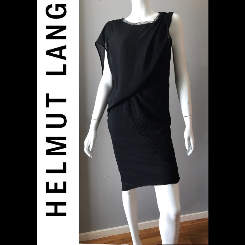 HELMUT LANG BLACK DRESS SIZE 2 ASYMMETRICAL MESH